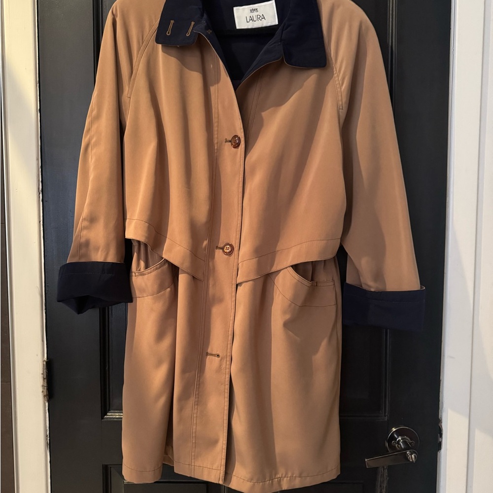Vintage Laura Women's Tan Trench Coat with Navy blue  Trim